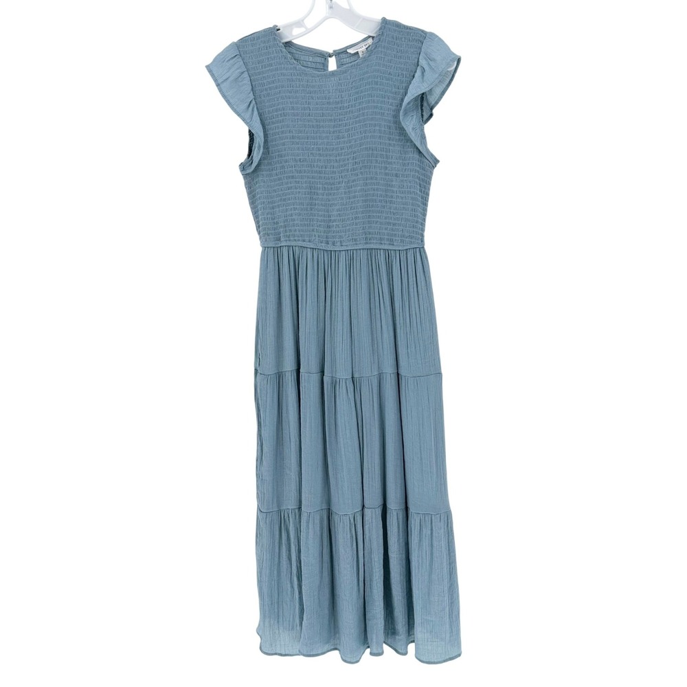 AUGUST SKY Smocked Tiered Maxi Dress Blue Flutter Sleeve Boho Cottagecore Small